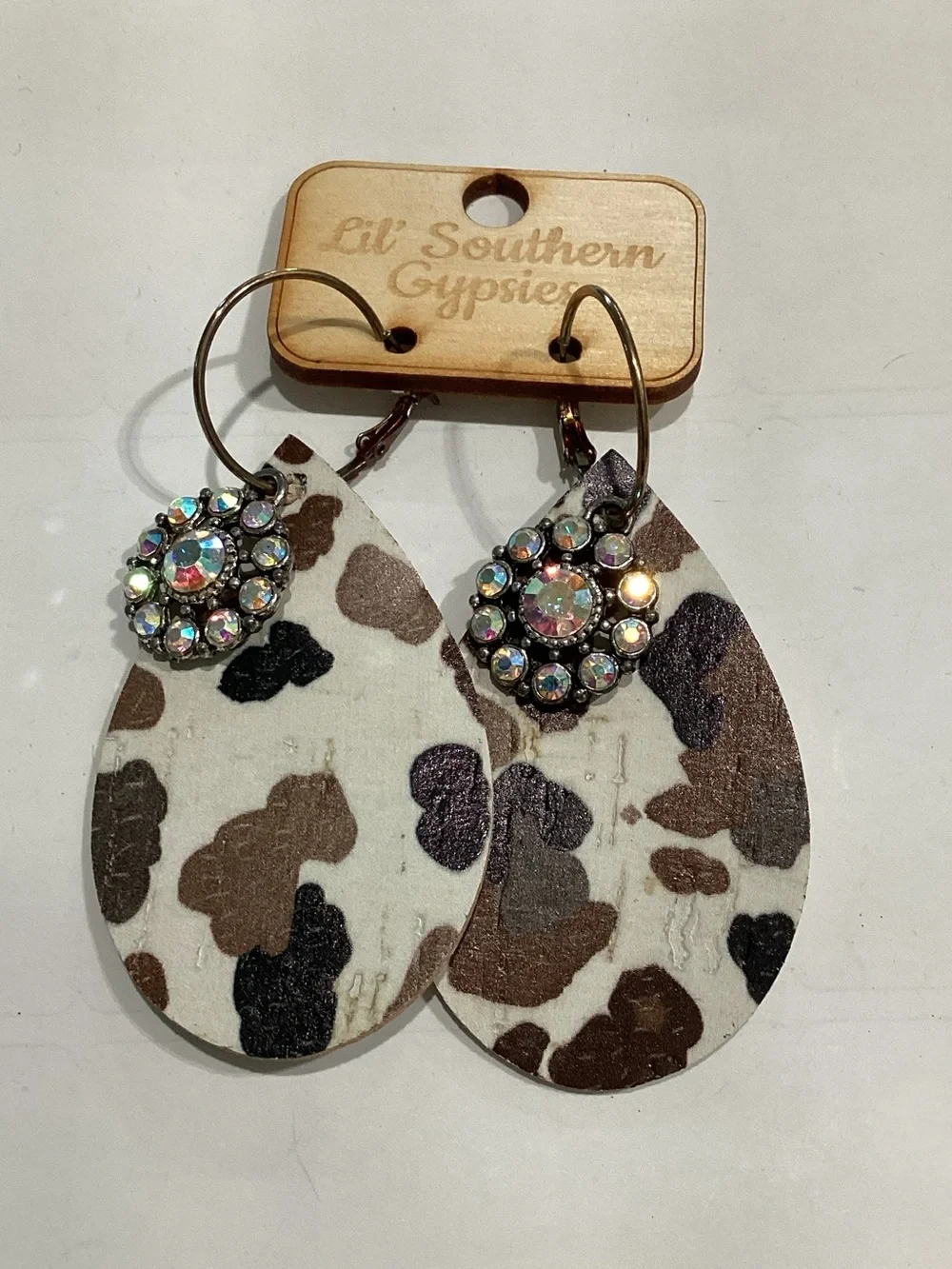 Brown Cowhide Teardrop Earrings with Crystal Accent